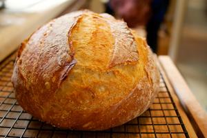 A freshly baked loaf of bread resting on a cooling rack, showcasing its golden crust and inviting texture